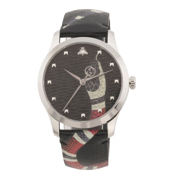 GUCCI Black Unisex Swiss Made 38mm G Timeless Snake Leather Strap Watch - Picture 1 of 2